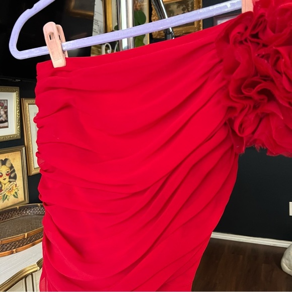 Vintage Cache Red One Shoulder Flower Mini Dress Size Small - Picture 3 of 11